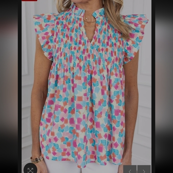 Sky Blue Shirred Yoke Ruffled Abstract Printed Blouse. Stretchy. Size M - Picture 1 of 9